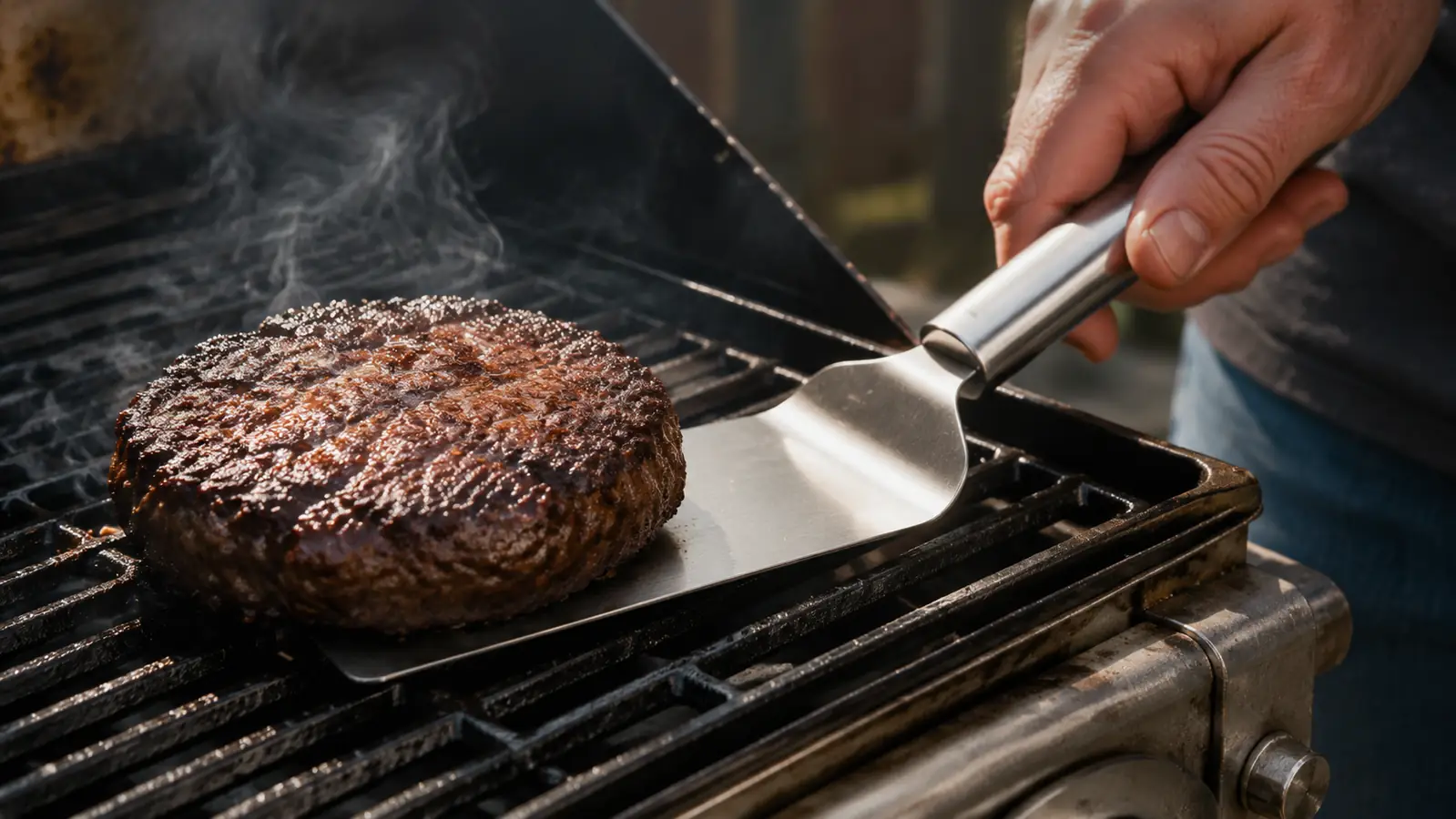Close view of the stainless steel turner sliding under a seared burger patty with a crispy crust on a hot grill grate.