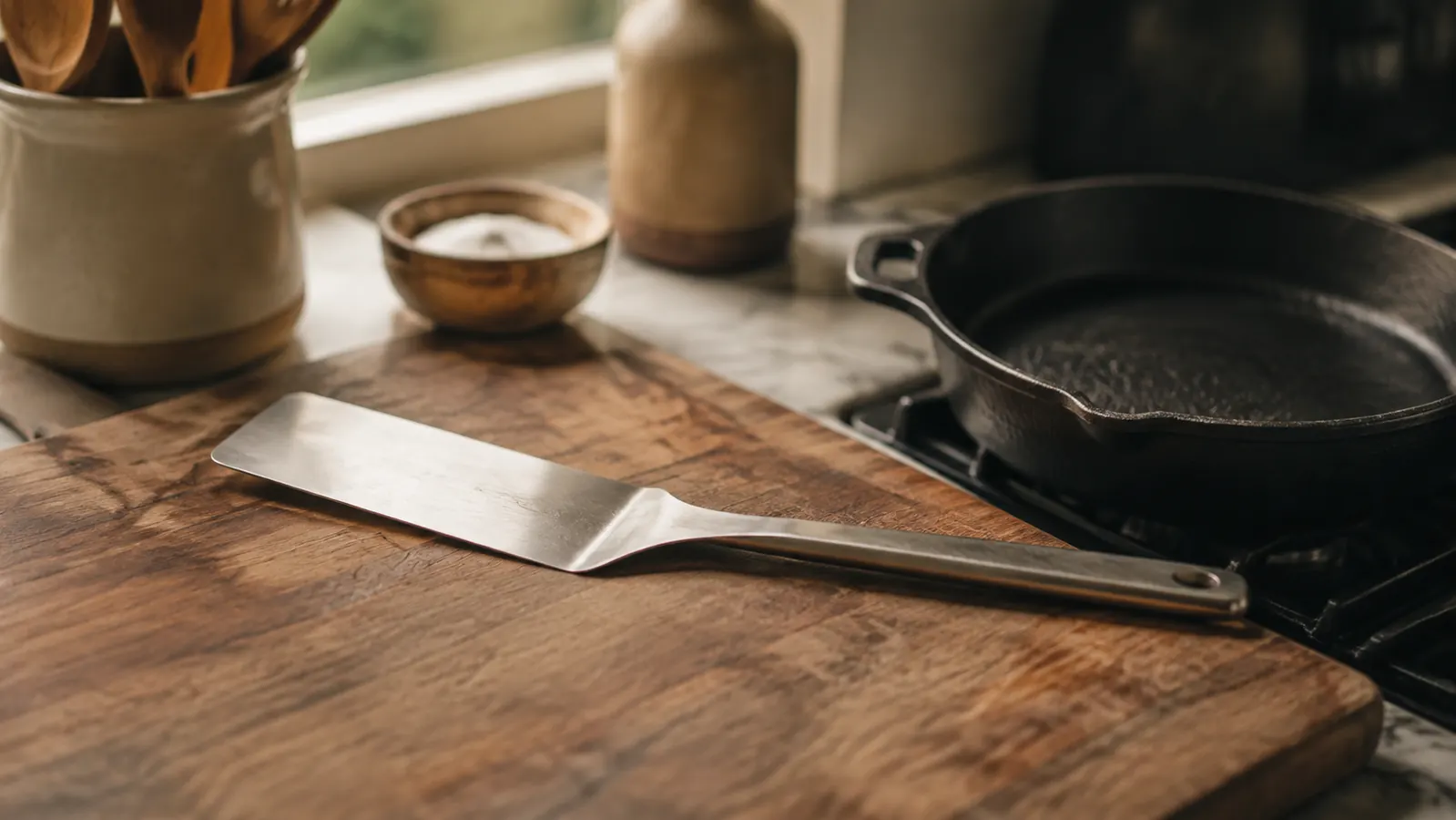 A stainless steel turner resting on a worn wooden cutting board beside a seasoned cast iron skillet in soft window light.
