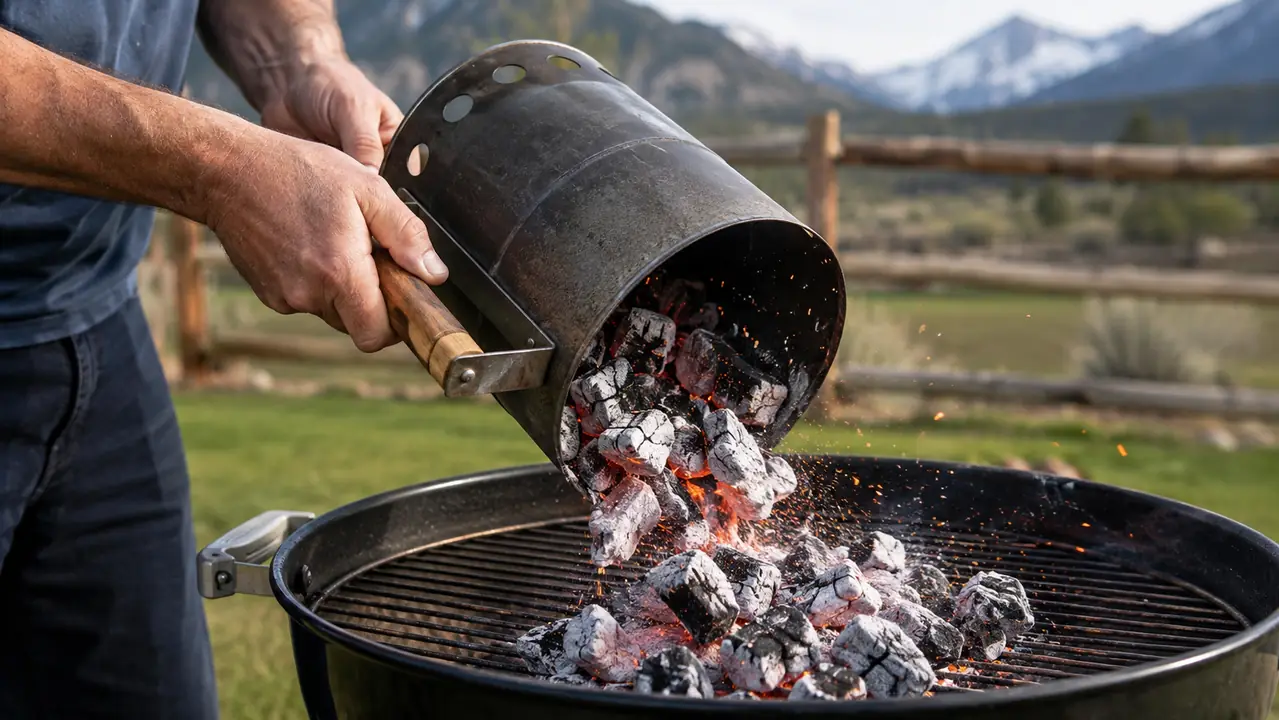 A hand holding a chimney starter by its wooden handle and tipping a load of glowing hot coals into a charcoal grill