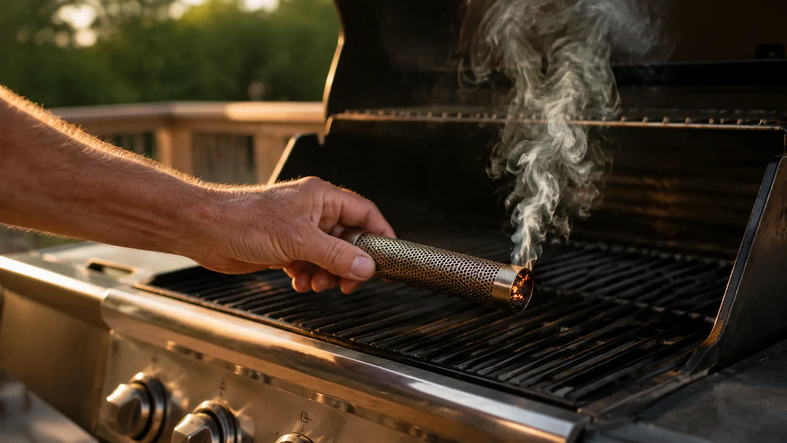 A hand holding a lit pellet smoker tube with smoke curling up, standing over an open gas grill on a late-afternoon deck