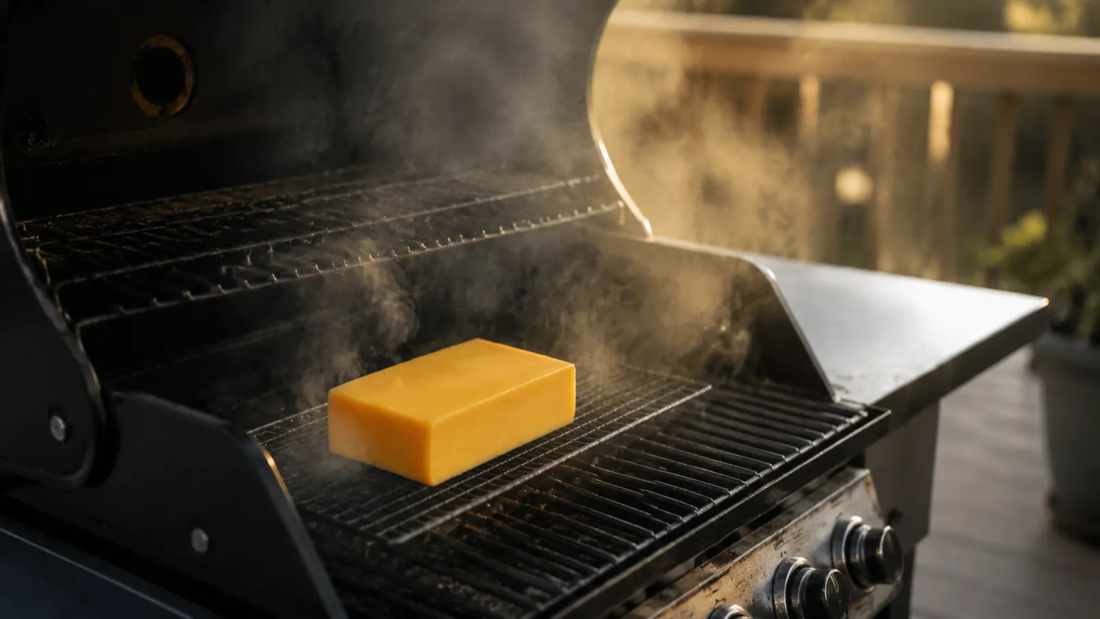 A block of cheese on a wire rack inside a covered grill with thin steady smoke moving around it