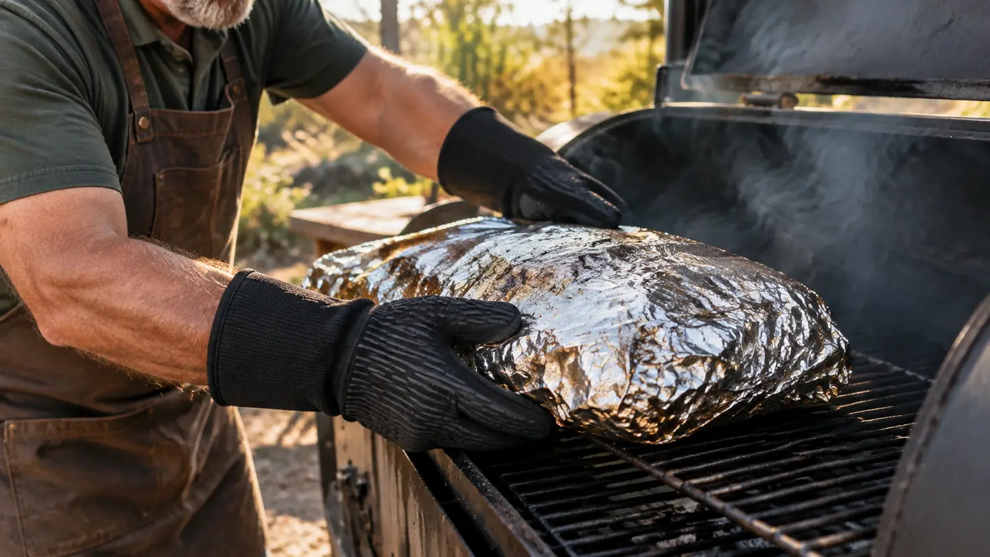 Two hands in heat-resistant grilling gloves lifting a foil-wrapped brisket off a smoker grate