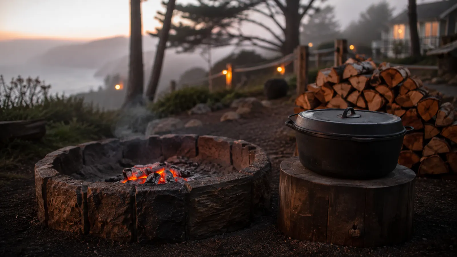 A fire pit with low embers and a cast iron dutch oven on a wooden stump, a woodpile nearby at dusk