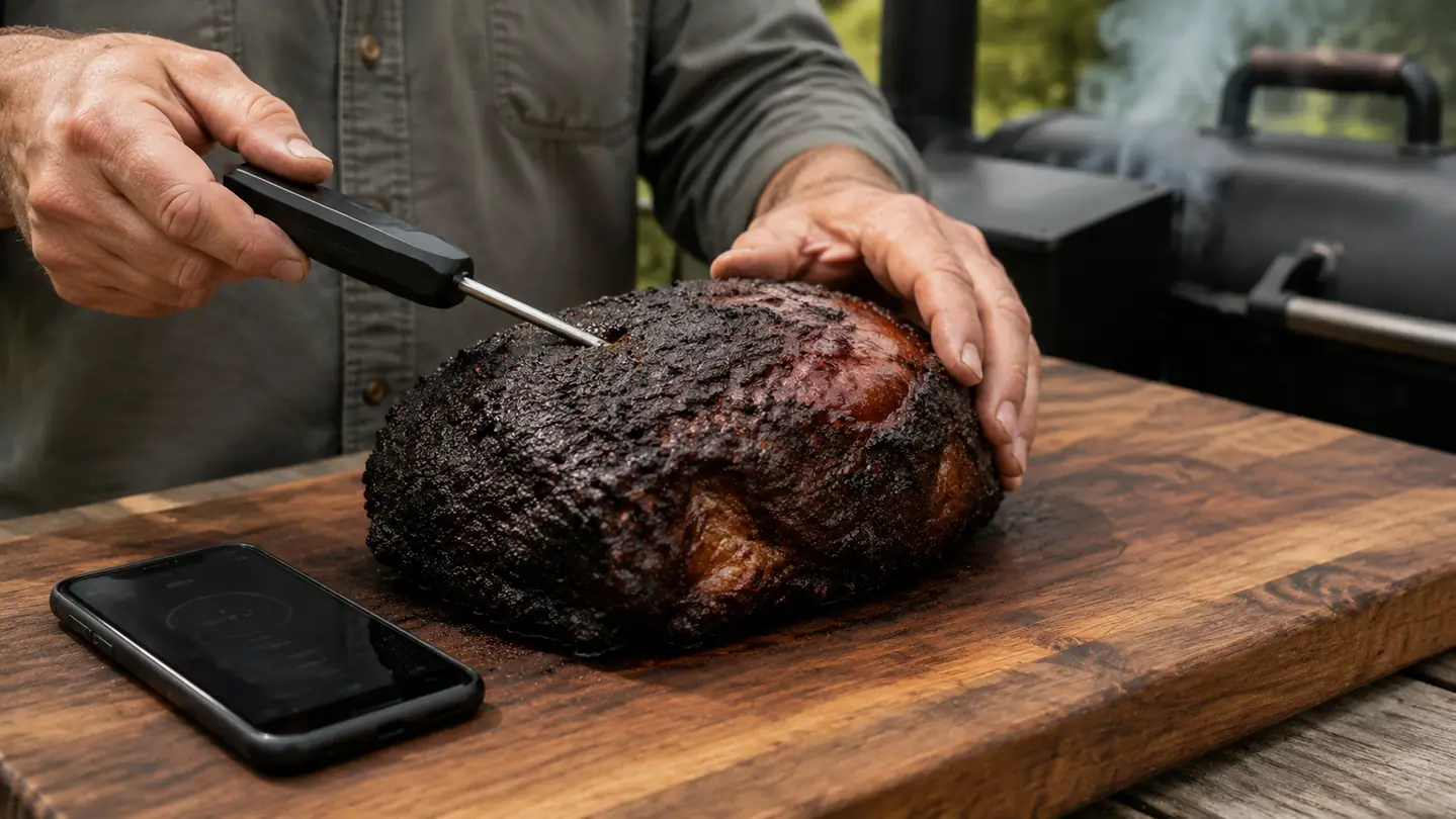 Hands inserting a wireless meat thermometer probe into a smoked pork shoulder on a wooden cutting board, a phone showing a temperature screen lying nearby