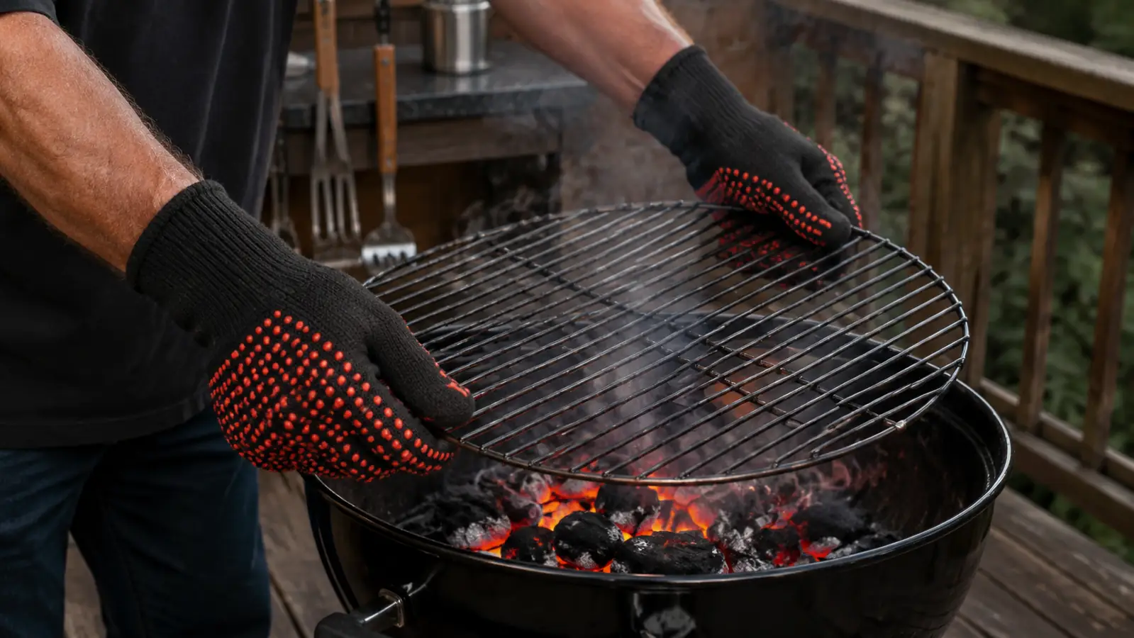 Hands wearing the grill gloves lifting the round cooking grate off a charcoal kettle grill, steam rising from the coals
