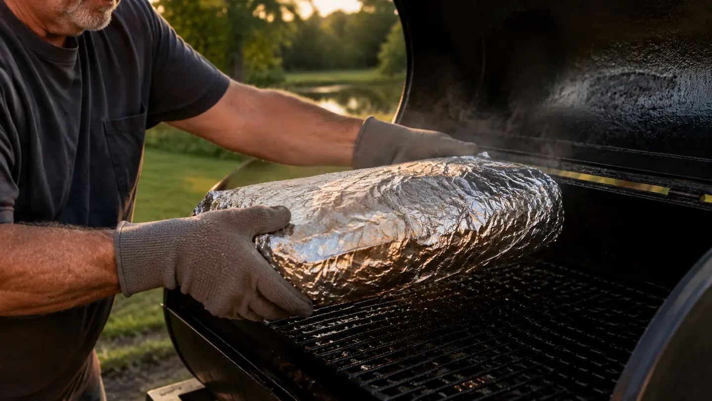 Hands wearing heat-resistant grilling gloves lifting a large foil-wrapped brisket off the open grate of a smoker, light steam rising