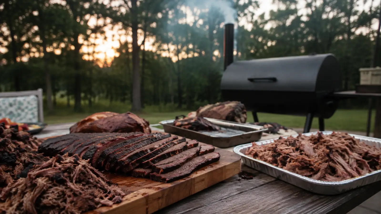 A backyard picnic table spread with sliced brisket and pulled pork, a charcoal grill drifting smoke in the background at dusk