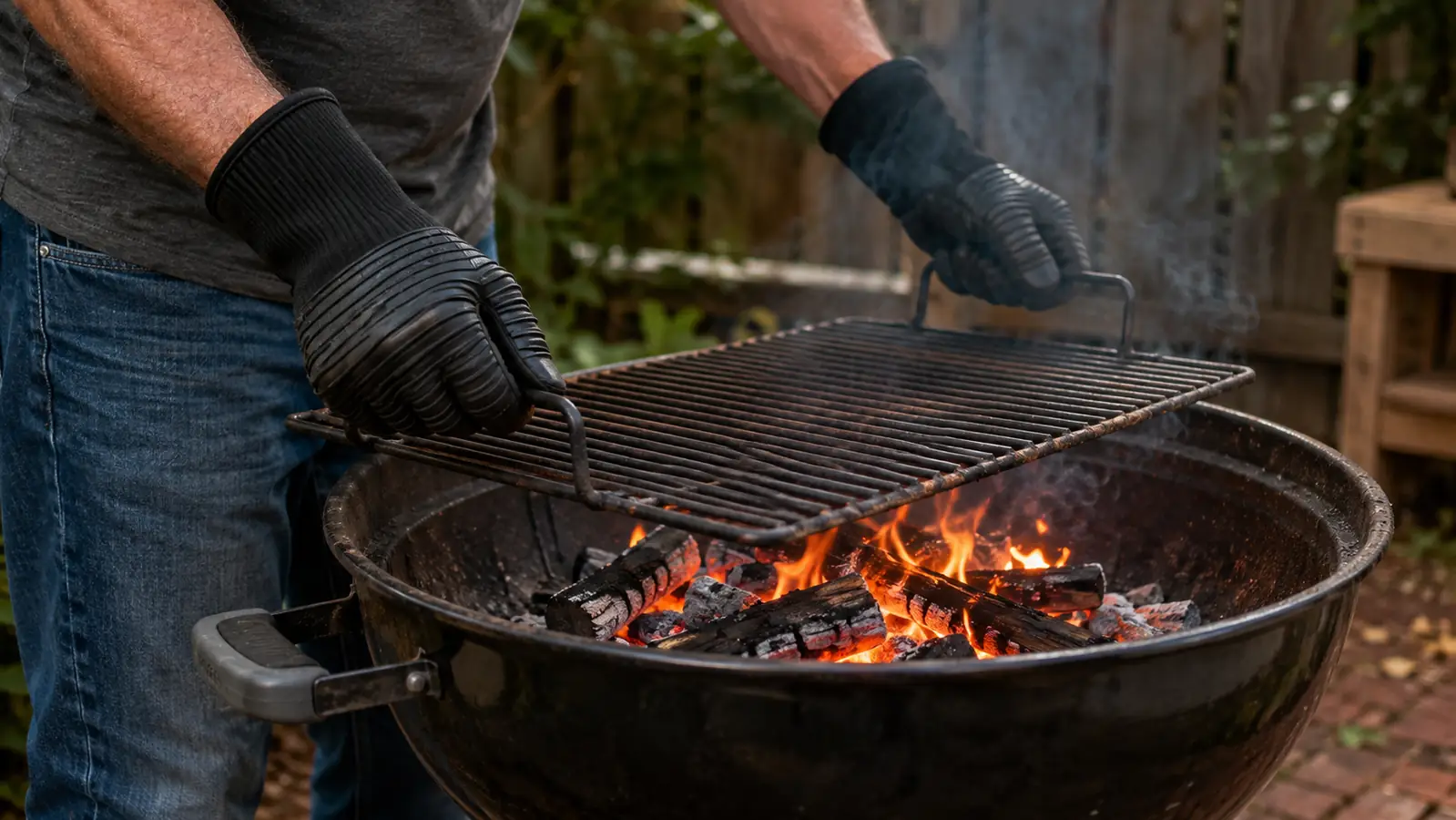 A gloved hand gripping the rim of a hot grill grate and lifting it aside over glowing coals, heat shimmer rising