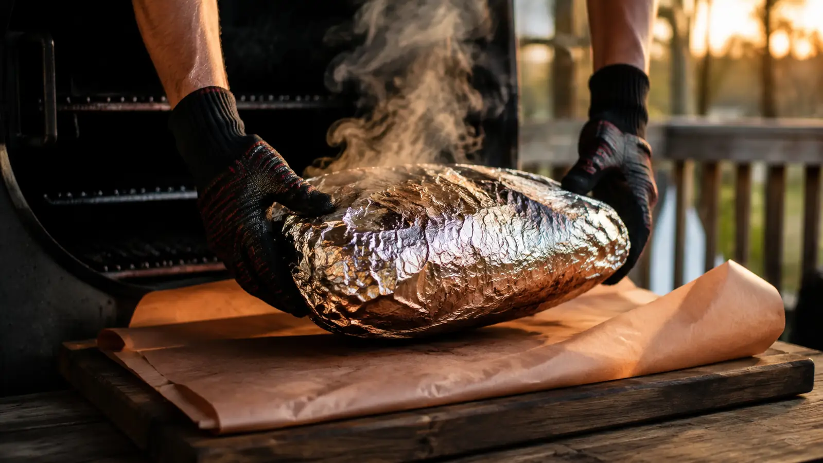 Two gloved hands lifting a heavy foil-wrapped roast off a smoker rack onto a butcher-paper-lined wooden board, steam rising in evening light