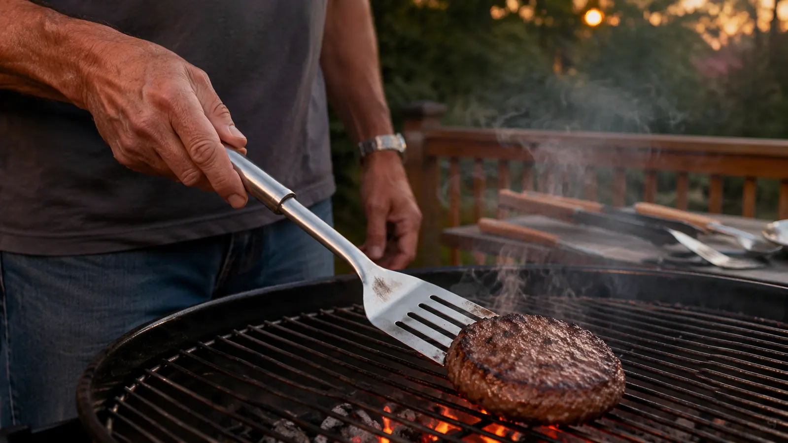 A hand holding a stainless steel turner flipping a burger patty on a hot charcoal grill grate, smoke and steam rising