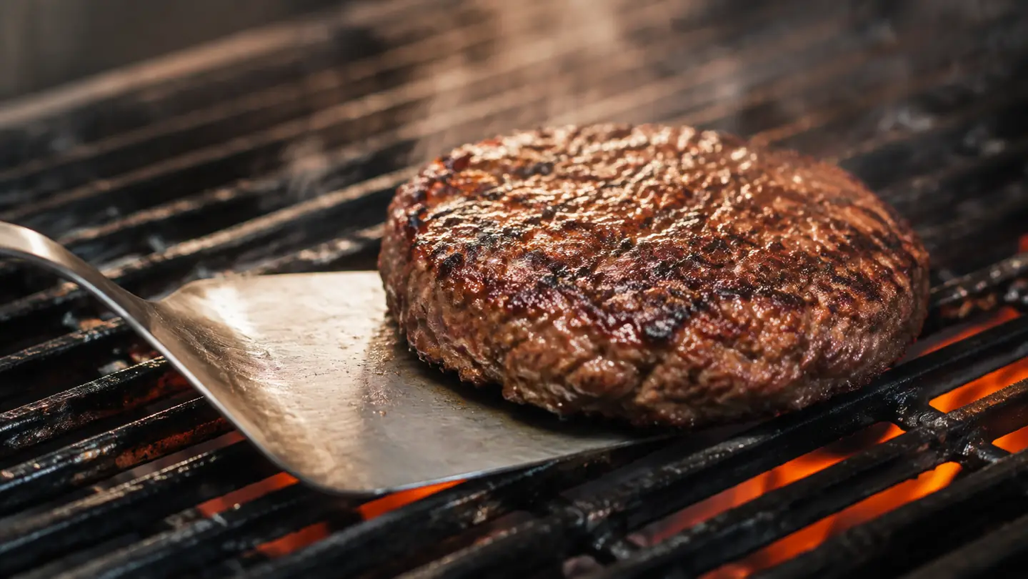 Close-up of a wide stainless turner blade sliding under a seared burger patty on a hot grate, brown crust visible, warm light