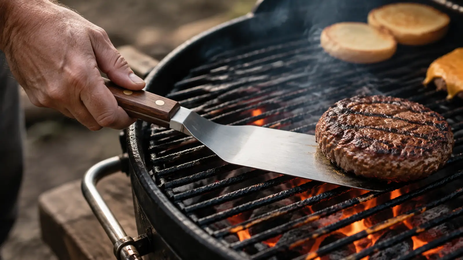 A hand flipping a burger on a hot grill grate with a long flat turner, light smoke rising