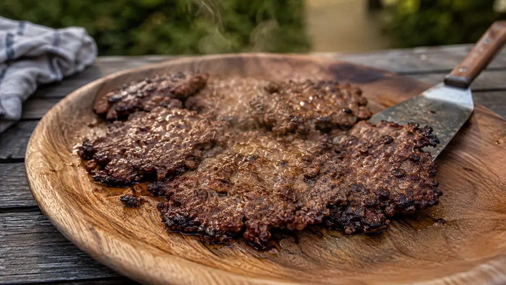 A platter of smashed burgers with caramelized crusts and a wide flat turner resting at the edge