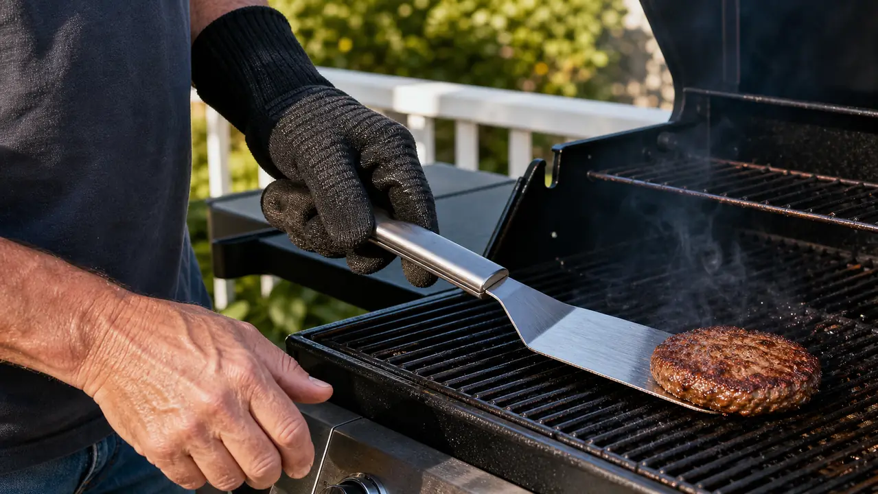 A gloved hand guiding a stainless steel turner under a burger patty on a hot grill grate, seared crust visible and smoke curling up
