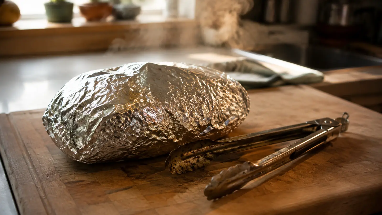 A heavy foil-wrapped pork shoulder on a wooden cutting board with a pair of long spring-loaded grill tongs resting beside it, morning light on a kitchen counter