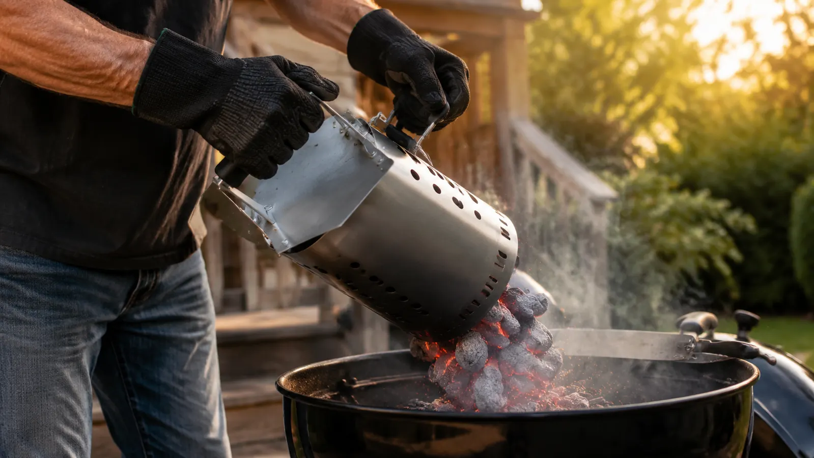 Gloved hands tipping a chimney starter full of glowing coals into a charcoal grill, smoke rising in late afternoon light.