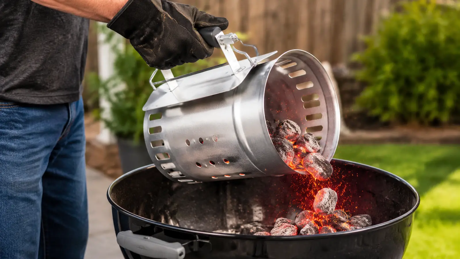 A hand in a work glove tips a chimney starter over a grill, pouring glowing charcoal coals through the wire bottom and onto the grate.