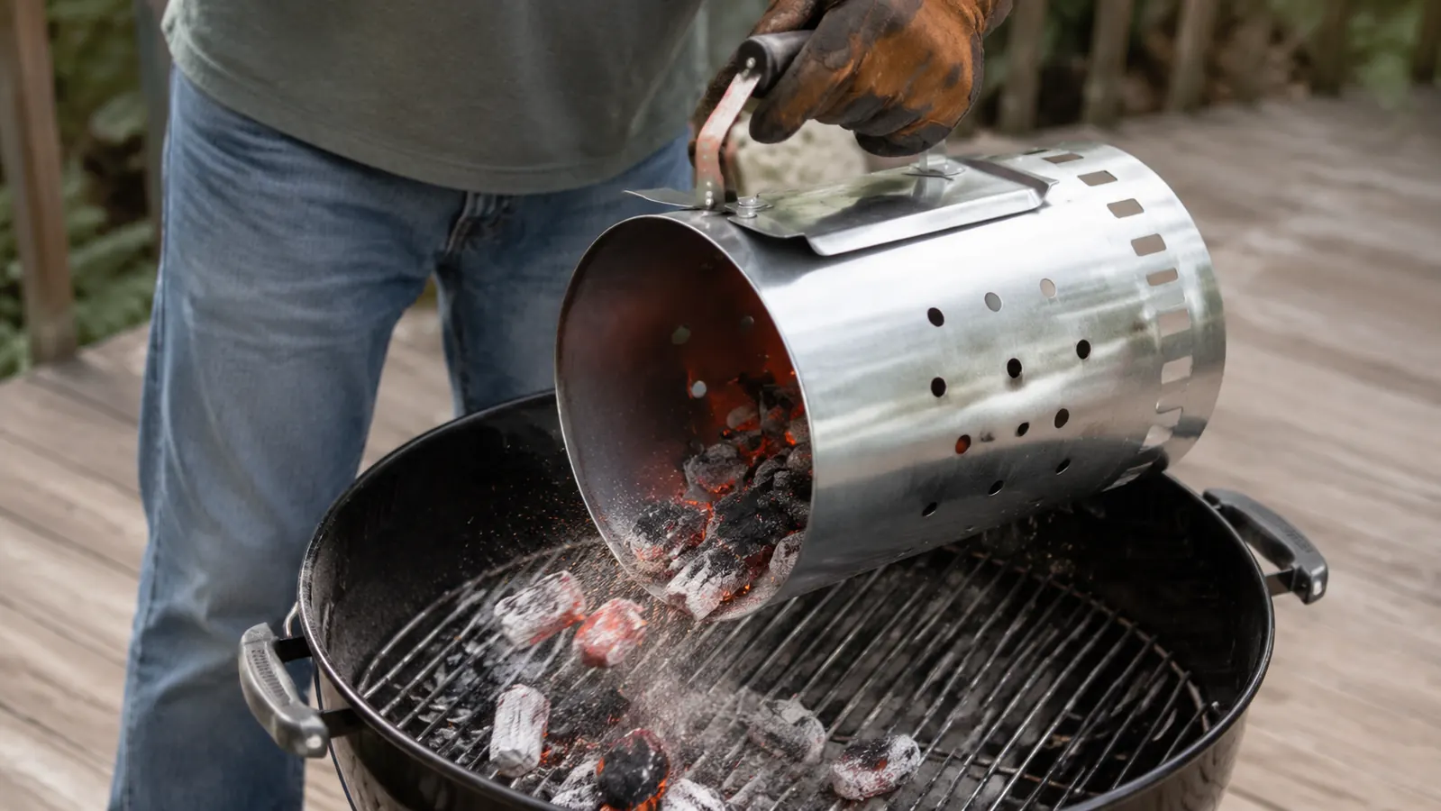 A gloved hand lifting a chimney starter and tipping glowing coals into the open bowl of a charcoal grill