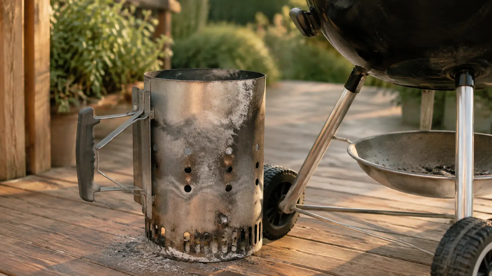 A chimney starter resting by a grill after dumping hot coals, the empty steel cylinder showing a clean grate through the bottom