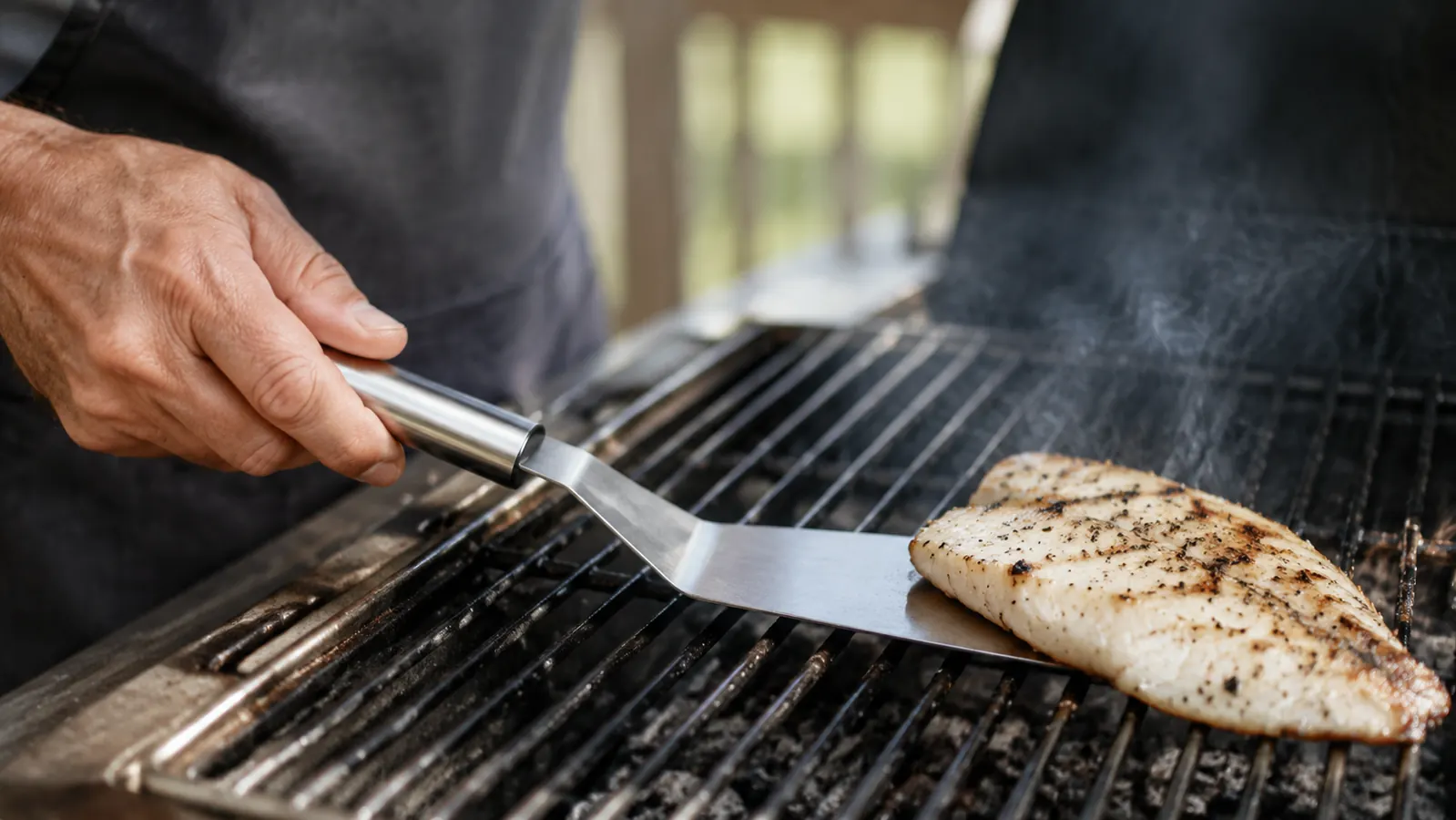 A close view of a hand running a stainless grill turner under a fillet of fish on a grill grate, gentle smoke in the air