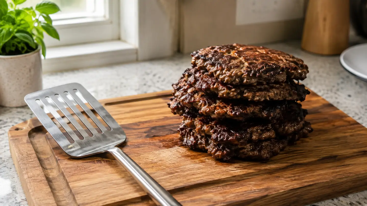 A stainless grill turner resting on a wooden cutting board beside a stack of seared smash burgers with browned crust edges, morning light