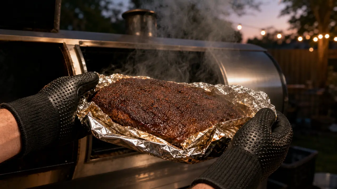 Heat-resistant gloved hands lifting a foil-wrapped brisket from a smoker at dusk, steam and wood smoke rising