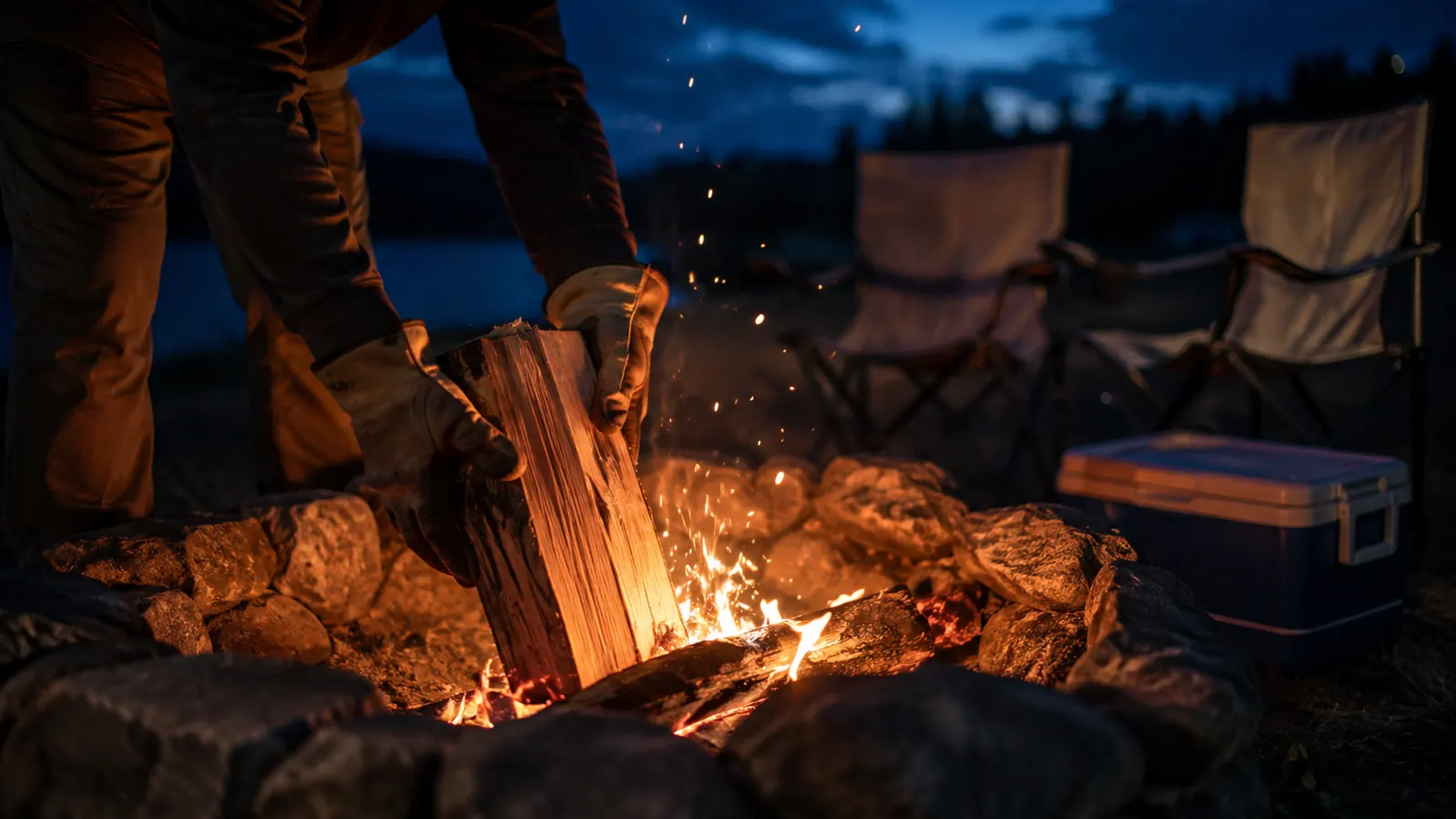 Hands in heat-resistant gloves feeding split logs into a fire pit at dusk, sparks curling upward
