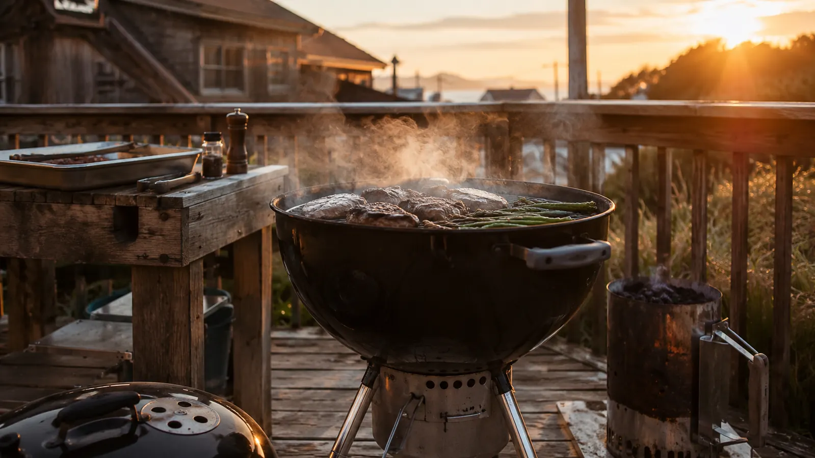 A charcoal kettle grill glowing under a backyard lean-to at dusk with a prep cart alongside