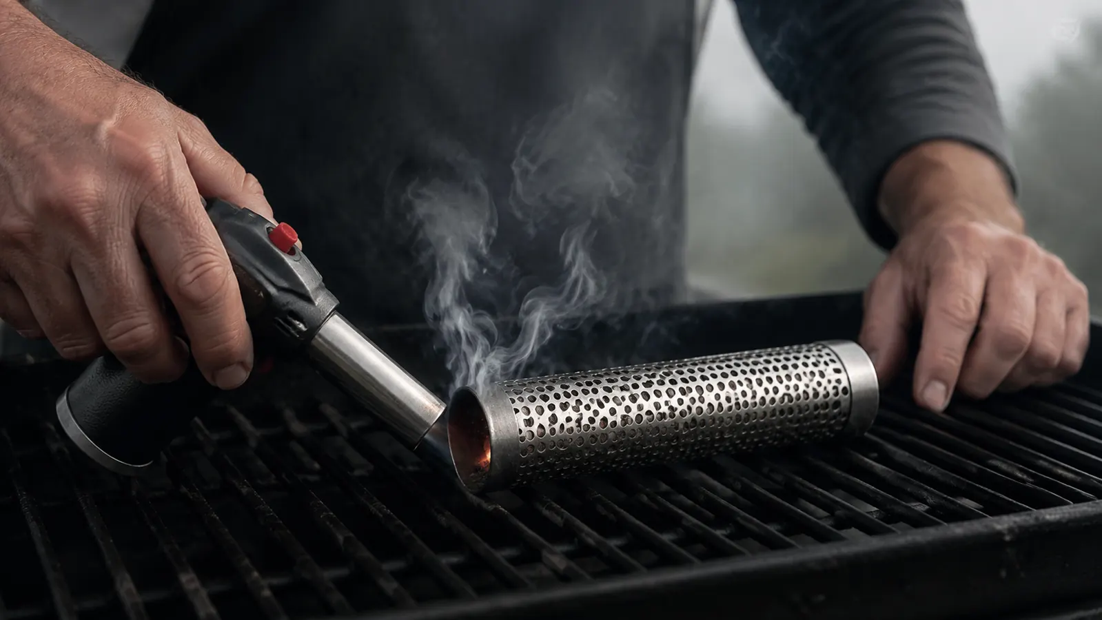 A hand using a butane torch to light the open end of a pellet smoke tube resting on a grill grate, thin smoke beginning to rise