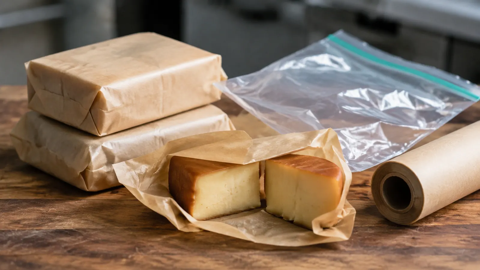 Blocks of smoked cheddar and gouda wrapped in parchment paper on a wooden cutting board in a kitchen, one block sliced to show the pale interior