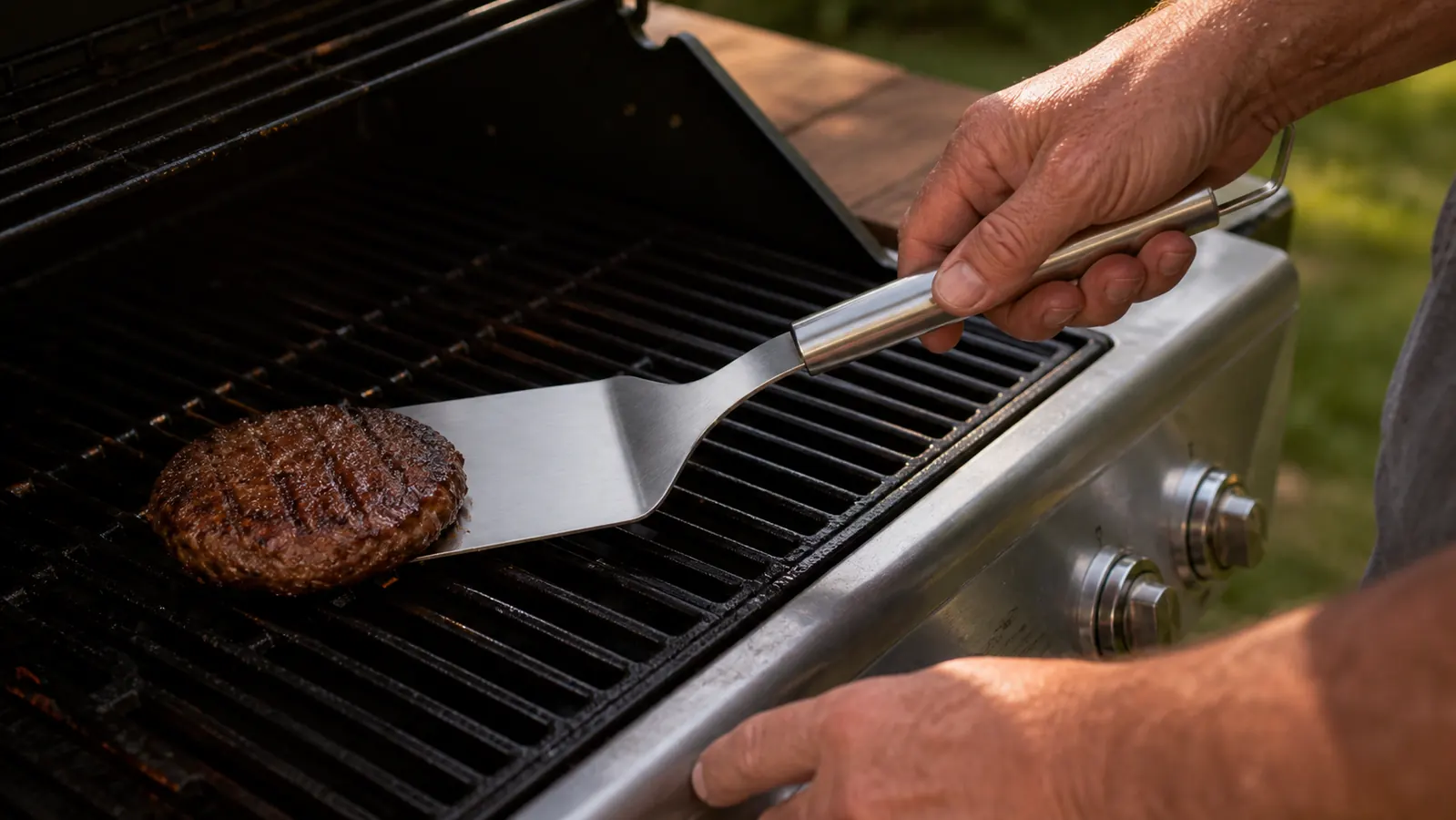 A hand sliding a wide turner underneath a whole burger patty on a grill grate, ready for a clean flip