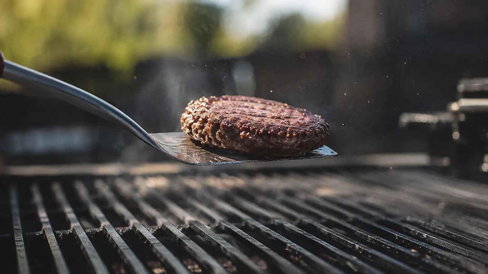 A burger patty riding level on a turner one inch above the grill grate in the middle of a flip