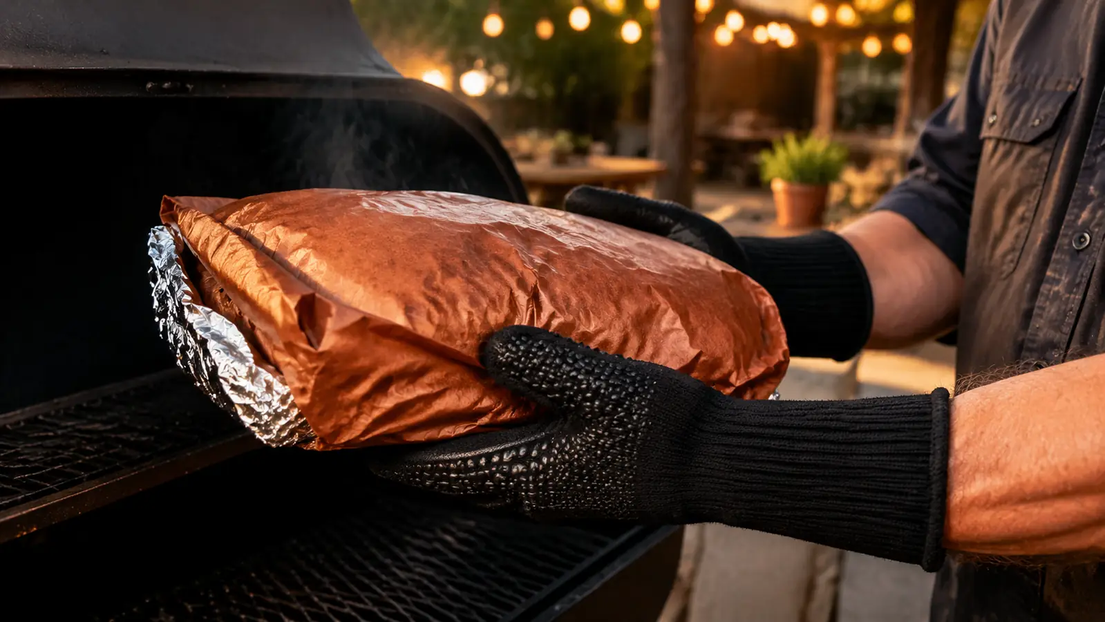 Two hands wearing heat-resistant barbecue gloves with fingers lift a foil-wrapped brisket off the smoker grate together in a two-handed cradle, elbows in and wrists straight