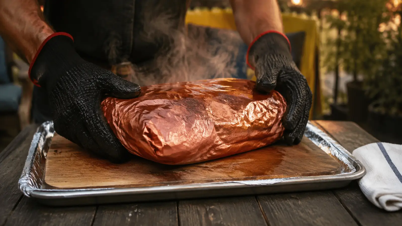 Gloved hands in heat-resistant barbecue gloves lowering a wrapped brisket onto a foil-lined cutting board on a half-sheet pan, steam rising into warm patio light