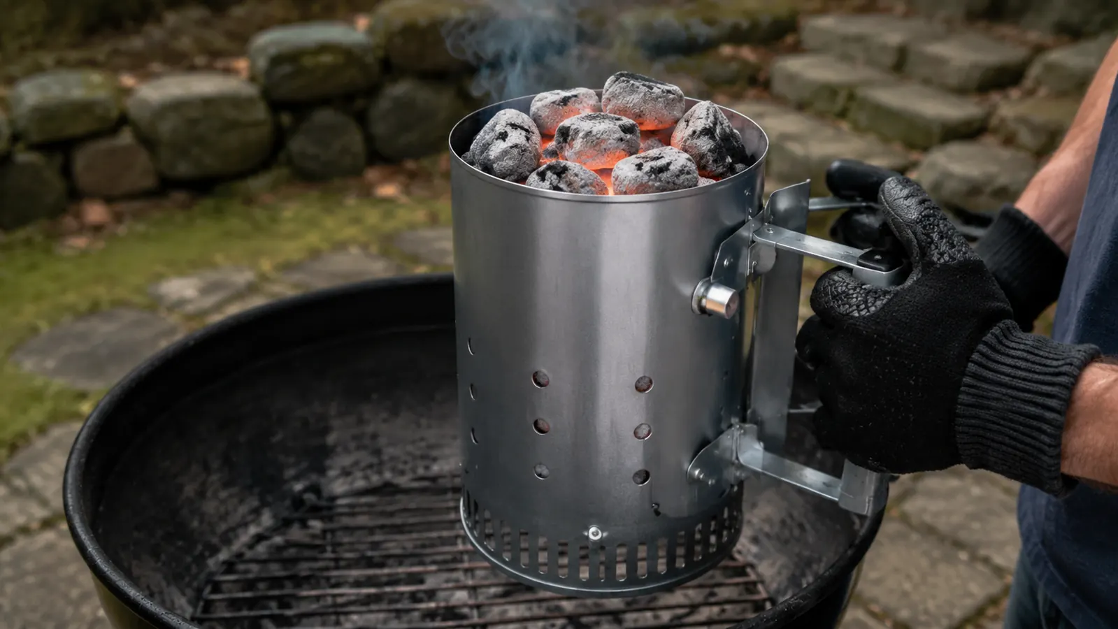 A cook's hand in a heat glove gripping the handle of a chimney starter while the top charcoal layer shows ash and an orange glow