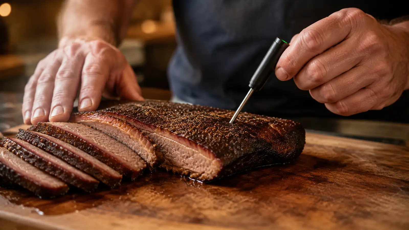 A wireless thermometer probe inserted into a smoked brisket on a wooden cutting board, the outer end standing clear of the meat