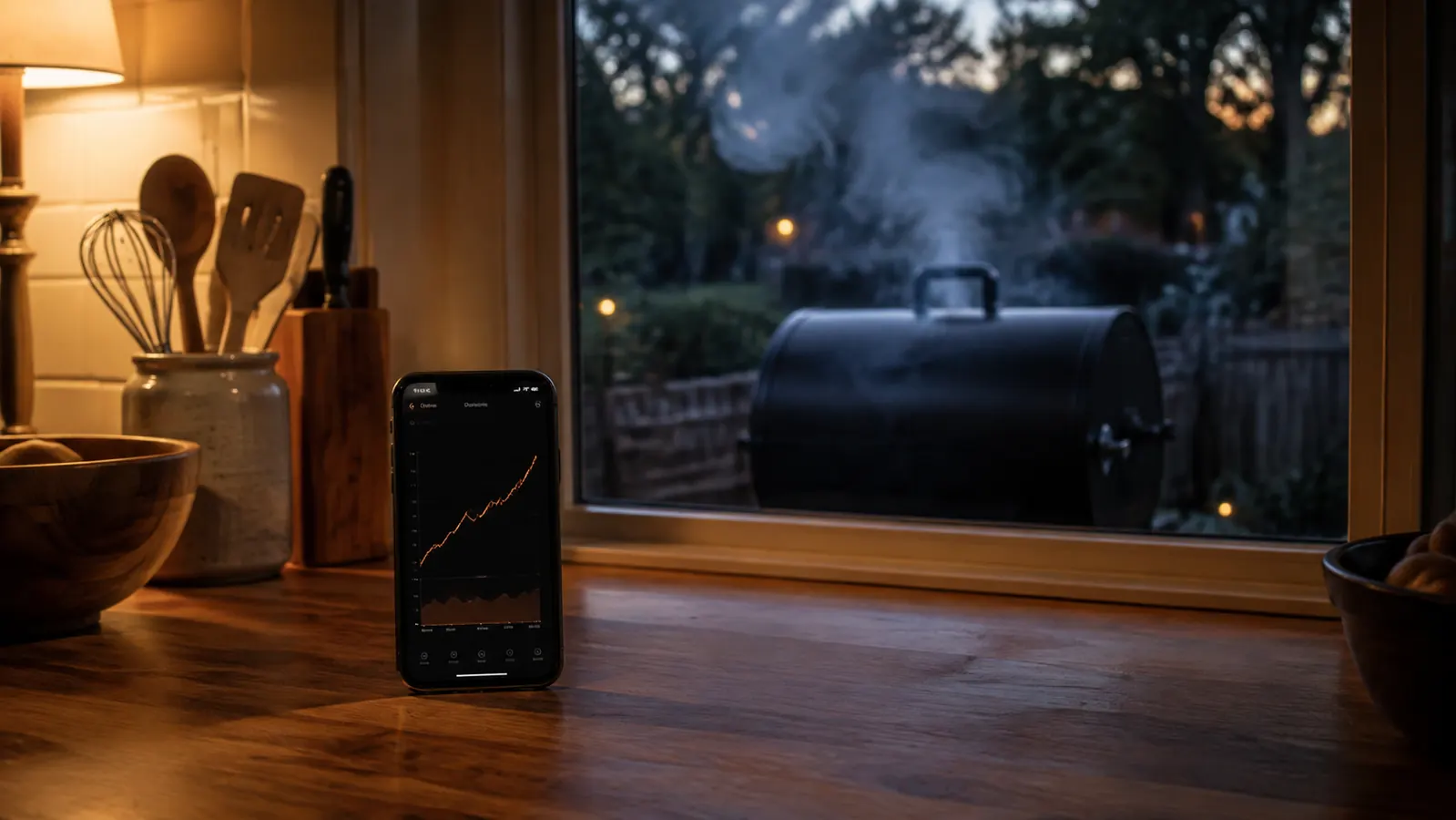 A smartphone on a kitchen counter showing a temperature graph, with a closed charcoal smoker visible through the window in the fading evening light