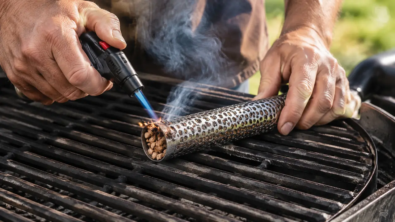 A hand holding a butane torch lighter to the open end of a pellet smoke tube sitting on a grill grate, the first thin wisps of smoke rising