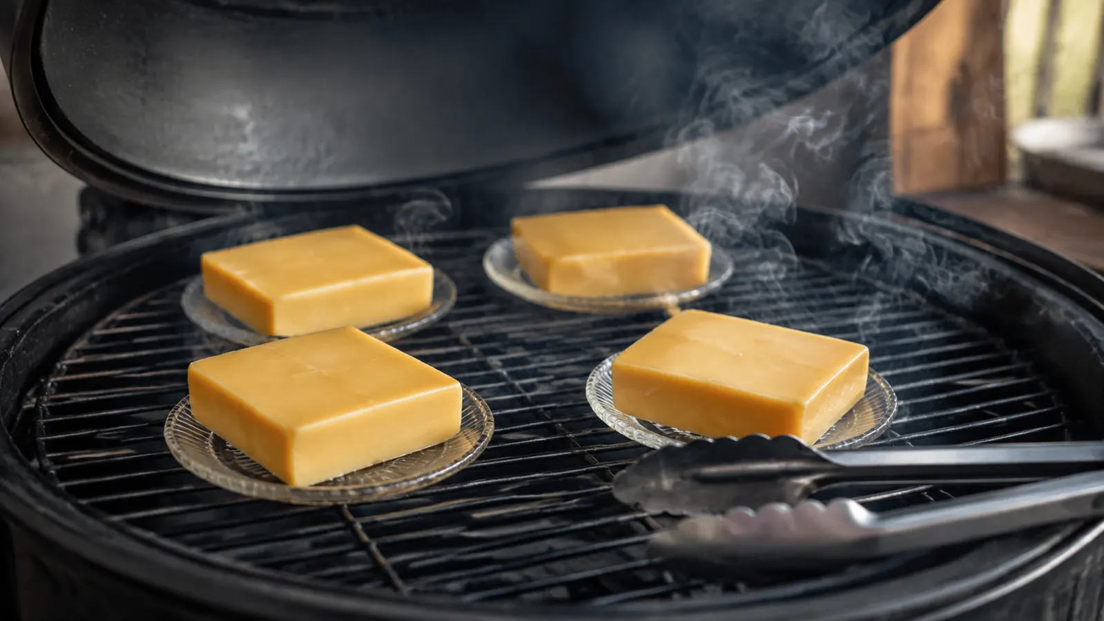 Pale blocks of cheddar on small glass dishes sitting on a wire rack inside an open gas grill, a thin haze of smoke curling around them