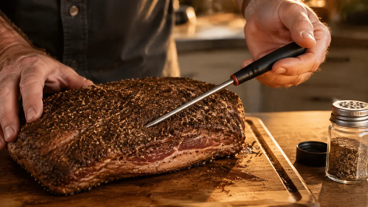A close view of a hand sliding a thin wireless probe into the center of a trimmed brisket resting on a cutting board, with tongs and a spice shaker nearby