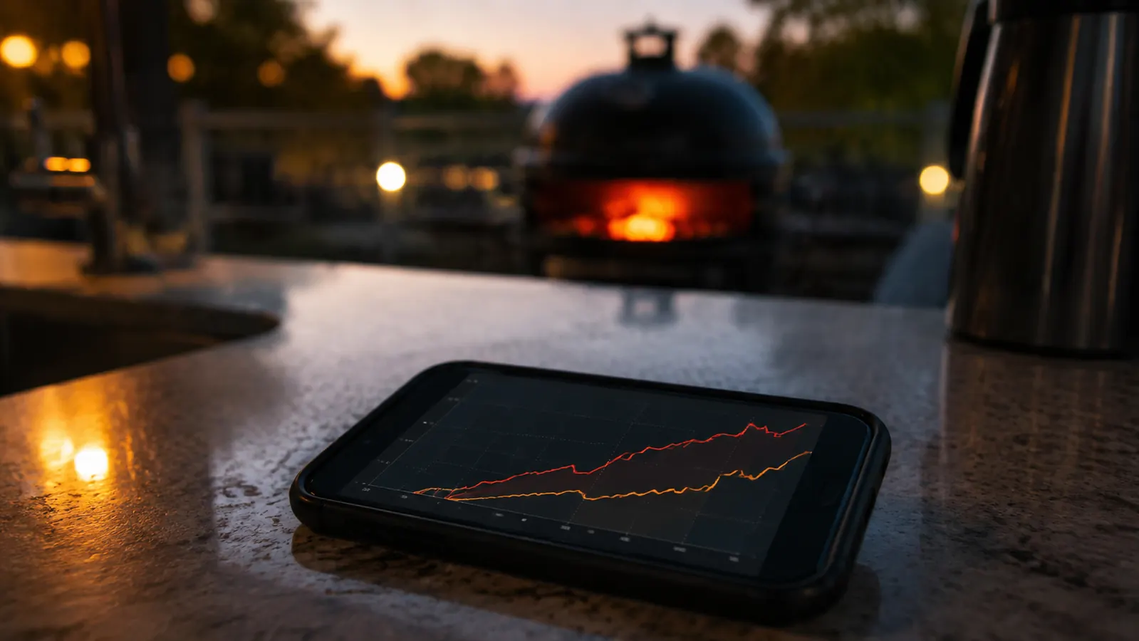 A smartphone propped on a kitchen counter showing a rising line graph on its screen, with a blurry smoker glowing through the window behind it