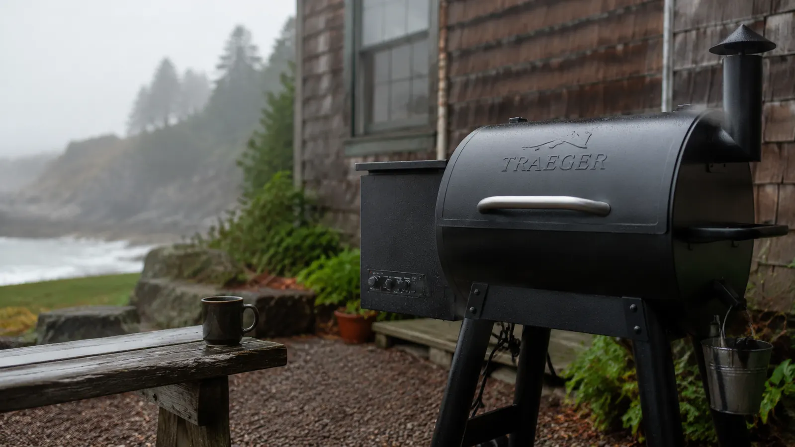 A smoker with its lid closed in a foggy coastal backyard in the morning, a coffee mug on a bench nearby