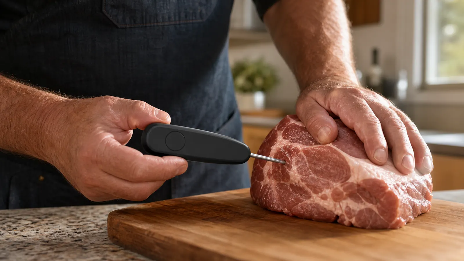 A hand pressing a wireless leave-in meat thermometer probe into a trimmed pork shoulder on a wooden cutting board