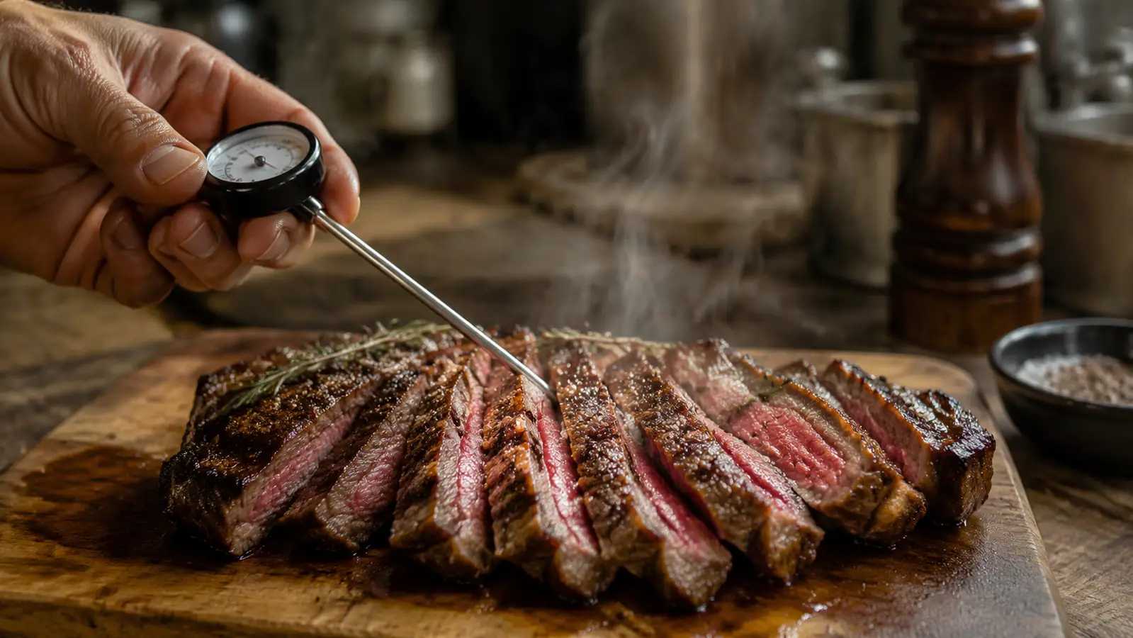 A cook holding a thin instant-read thermometer over a sliced seared steak on a wooden cutting board with light steam rising