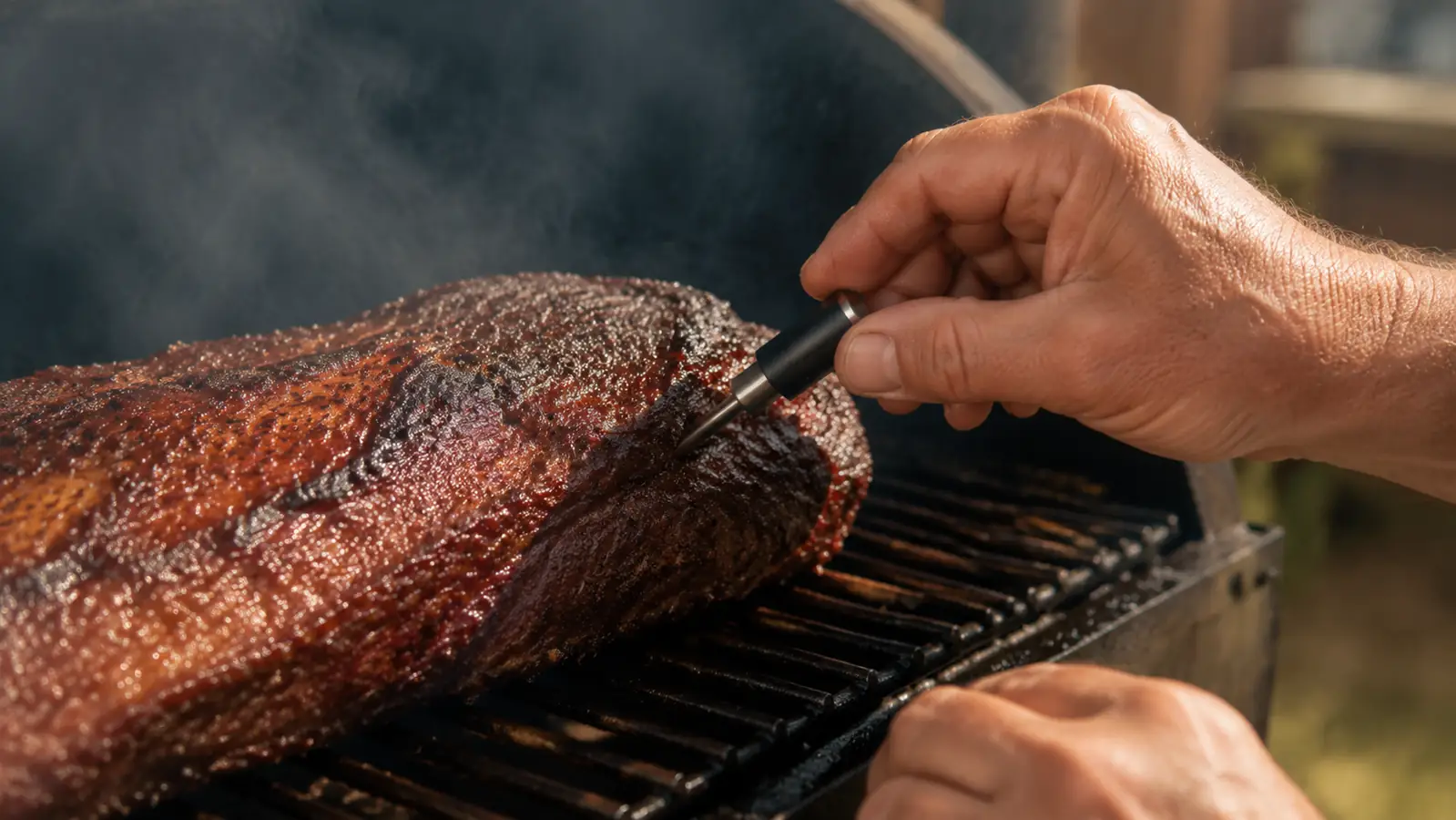 A hand inserting a wireless leave-in meat thermometer probe into the thick center of a brisket on a smoker grate with light smoke drifting past