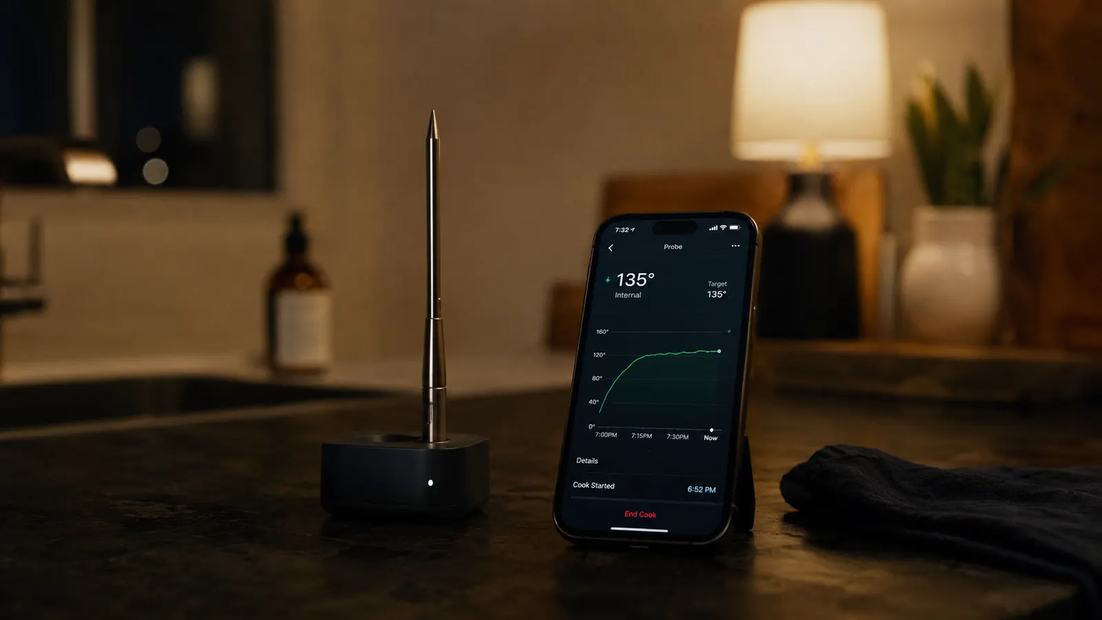 A kitchen counter late at night with a wireless meat probe resting on a small charging block beside a phone showing a temperature curve