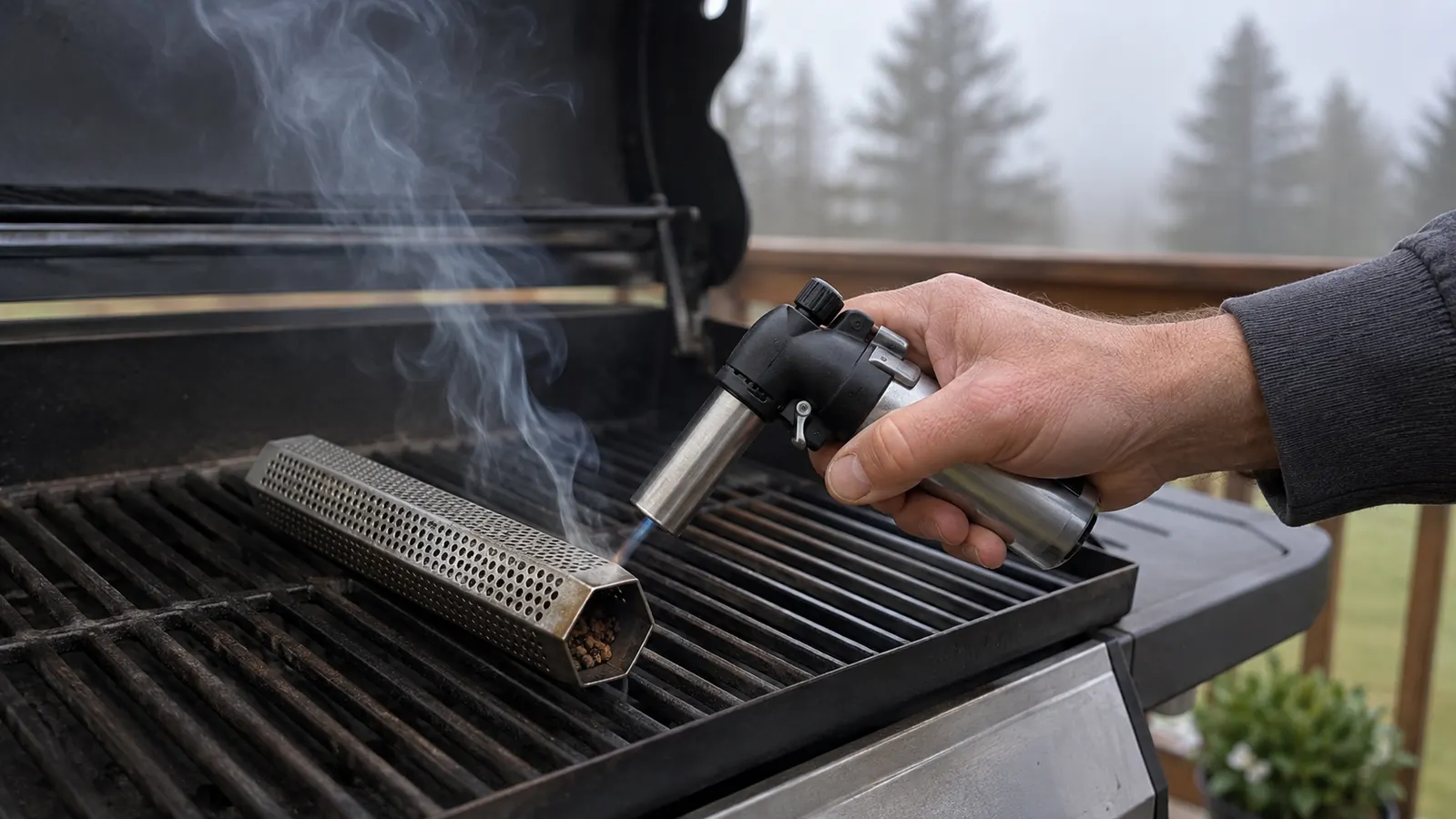 A hand using a small butane torch to light one end of the metal pellet smoker tube sitting on a gas grill grate, thin smoke starting to rise from the open end.