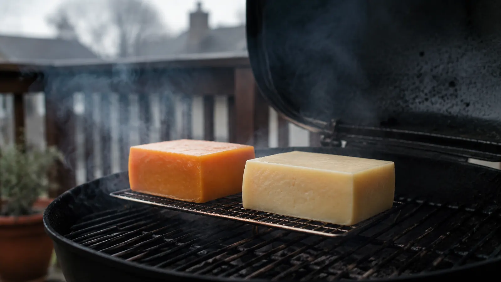 Blocks of yellow cheddar and a pale wedge of gouda on a wire rack sitting on a gas grill grate, thin cold smoke drifting around the cheese.