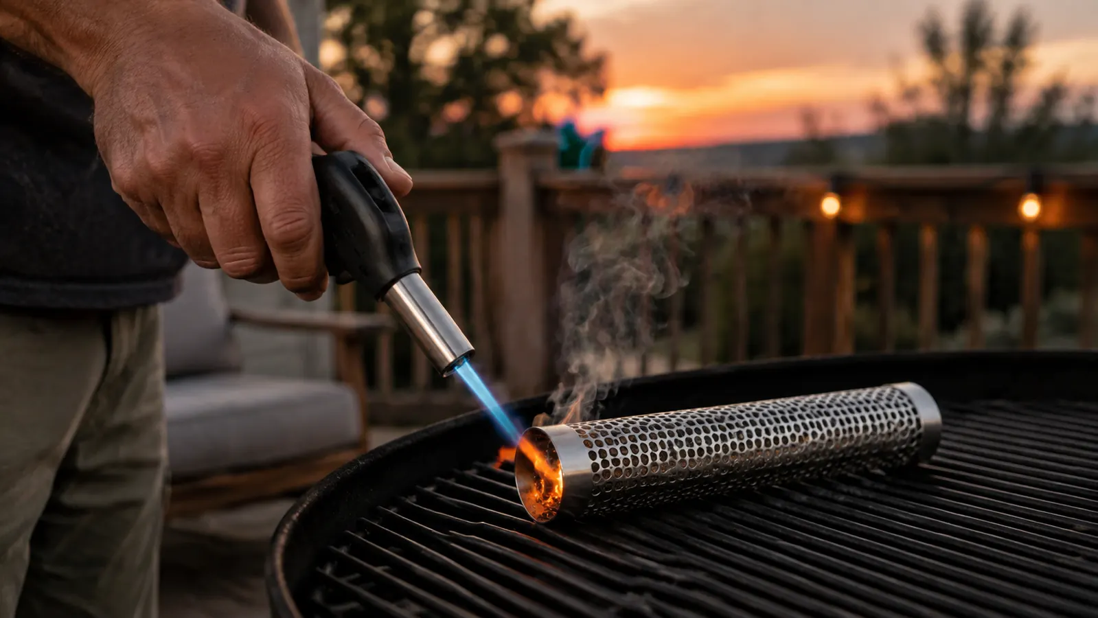 Hand holding a kitchen torch to the open end of the pellet smoke tube sitting on the grill grate