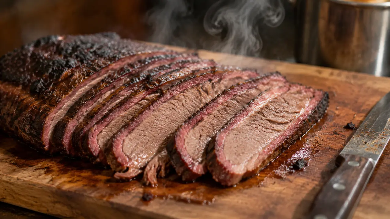Sliced smoked brisket on a worn wooden cutting board with a visible pink smoke ring along each slice